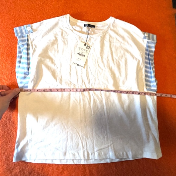 Zara white and blue short poplin details sleeves top t-shirt NWT - Picture 7 of 9